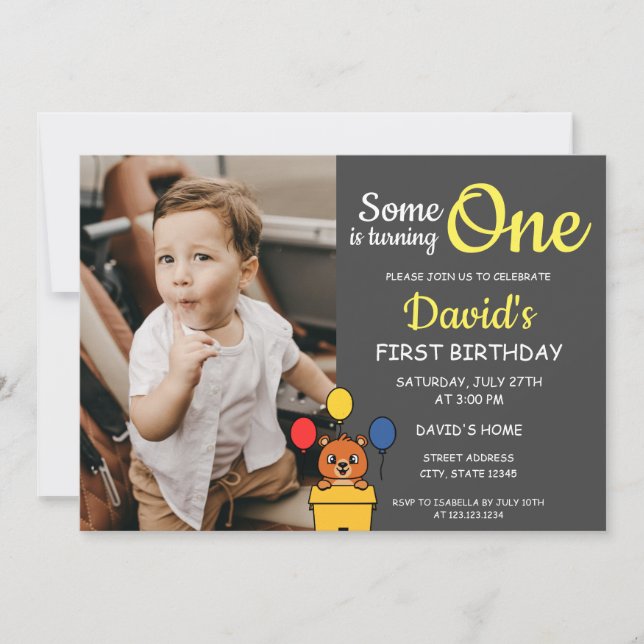 Someone is Turning One Grey Photo 1st Birthday Invitation (Front)