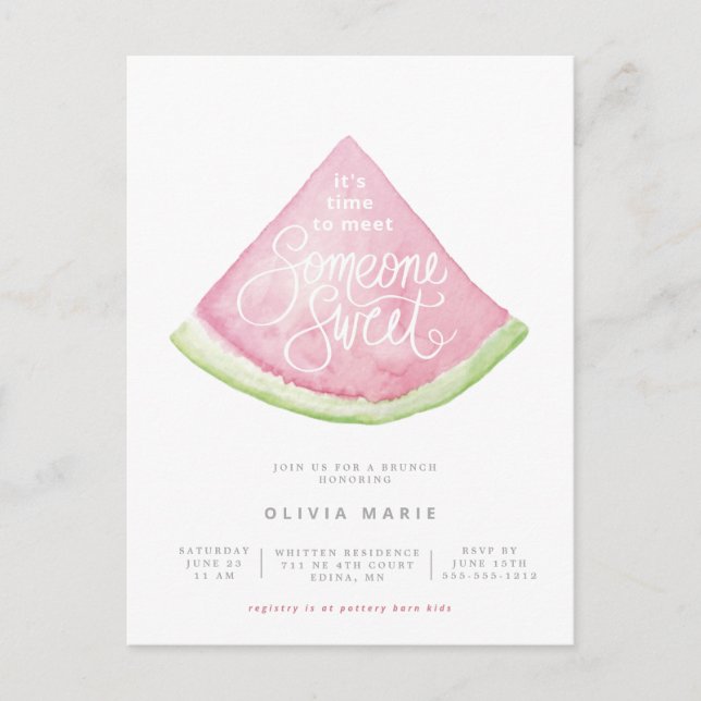 Someone Sweet watercolor watermelon shower invitat Postcard (Front)