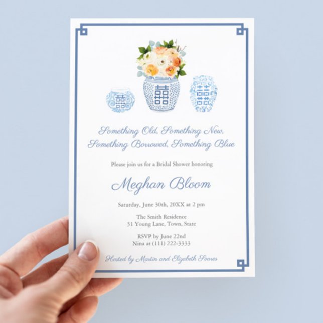 Something Blue Autumn Flowers Bridal Shower Party Invitation (Something Old New Borrowed Blue Bridal Shower Party Invite with florals in fall autumn colors)