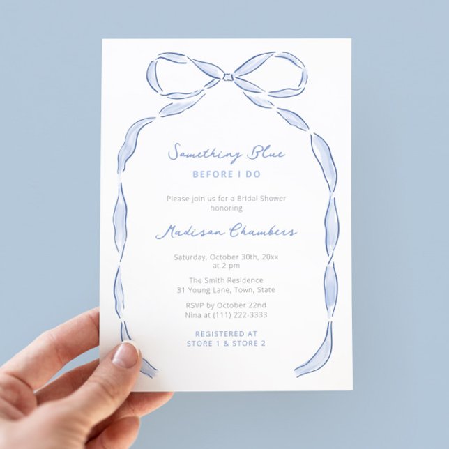 Something Blue Before I Do Bow Bridal Shower Invitation (Whimsical hand drawn bow and handwritten font Something Blue Before I Do Bridal Shower invitations)