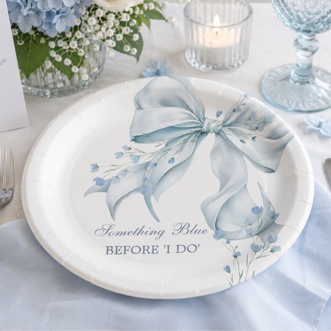 Something Blue Before I Do Bow Bridal Shower Paper Plates (modern something blue before I do bridal shower paper plate)