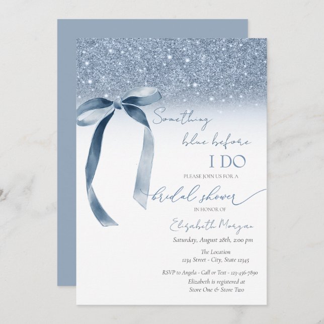 Something Blue Before I Do Bow Glitter  Invitation (Front/Back)