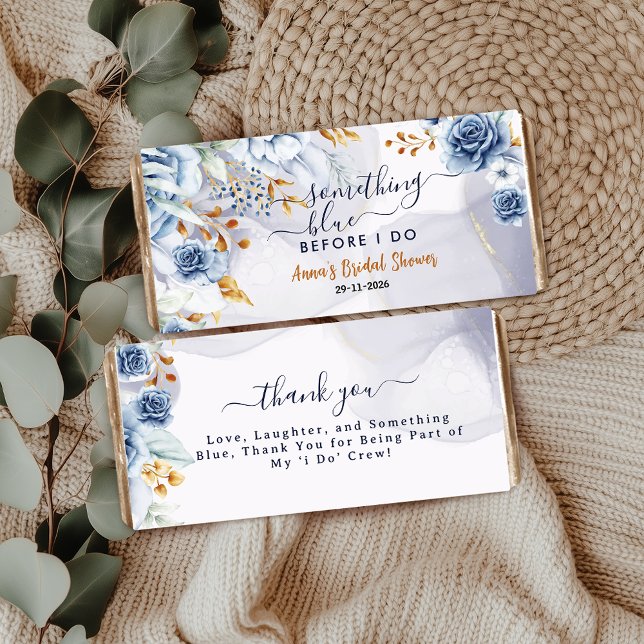 Something Blue Before I Do Bridal Shower Floral Hershey Bar Favors (Something Blue Before I Do Bridal Shower Floral Hershey Bar Favors watercolor blue theme gold chic )
