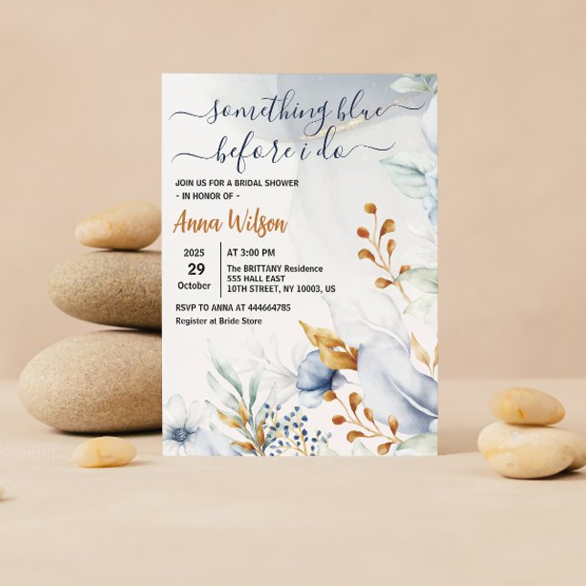 Something Blue Before I Do Elegant Bridal Shower Invitation (something blue bridal shower invitation, watercolor floral, blue gold, elegant wedding invite, dusty)