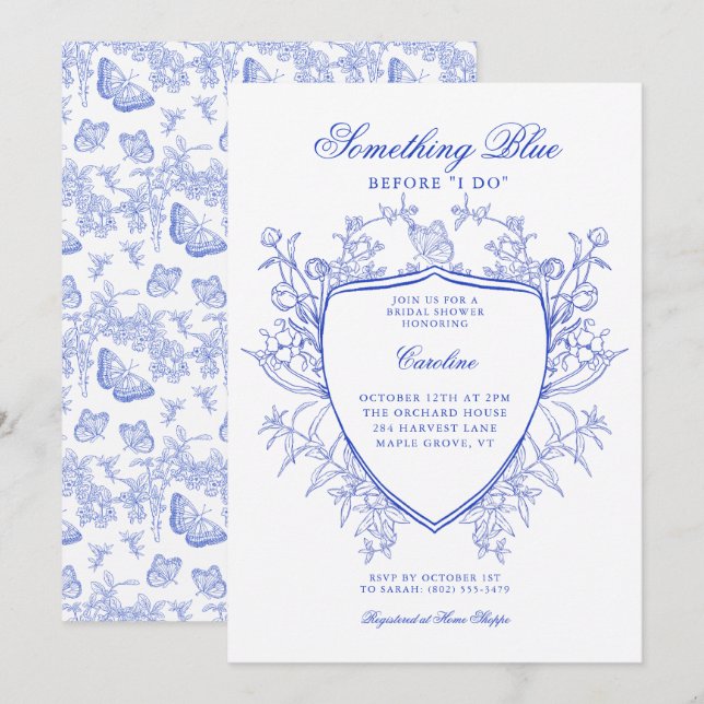 Something Blue Before I Do Elegant Floral Crest  Invitation (Front/Back)