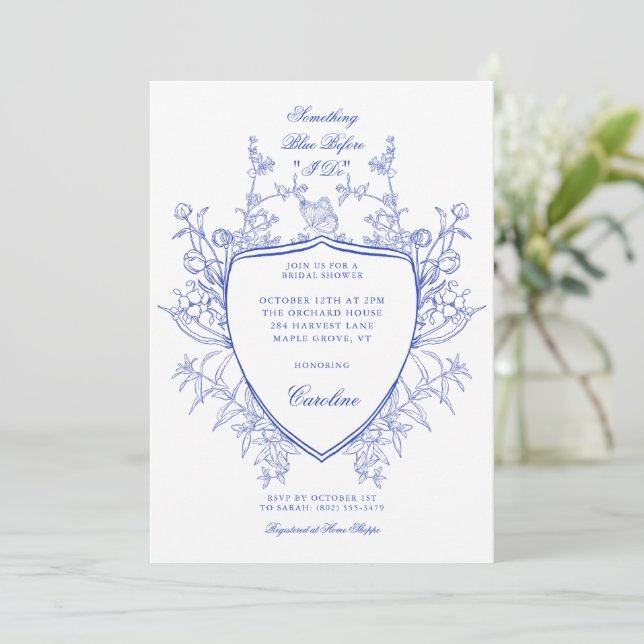 Something Blue Before I Do Floral Crest Elegant Invitation (Standing Front)