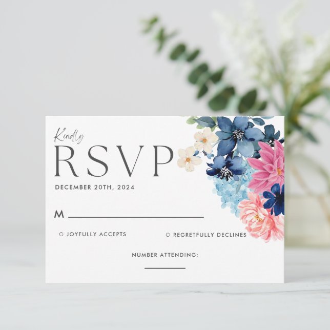 Something blue before i do floral Wedding RSVP Card (Standing Front)