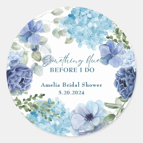 Something blue before i do hydrangea bridal shower classic round sticker