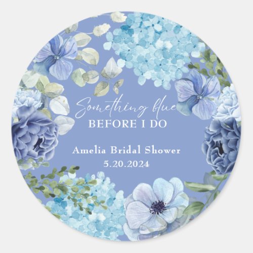 Something blue before i do hydrangea bridal shower classic round sticker