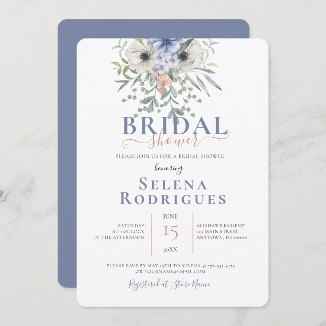 Something Blue Bouquet Illustration Bridal Shower  Invitation (Front/Back)