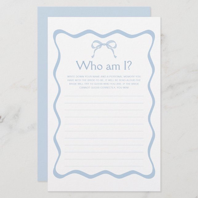Something Blue Bow Bridal Shower Guess Who Game  (Front/Back)