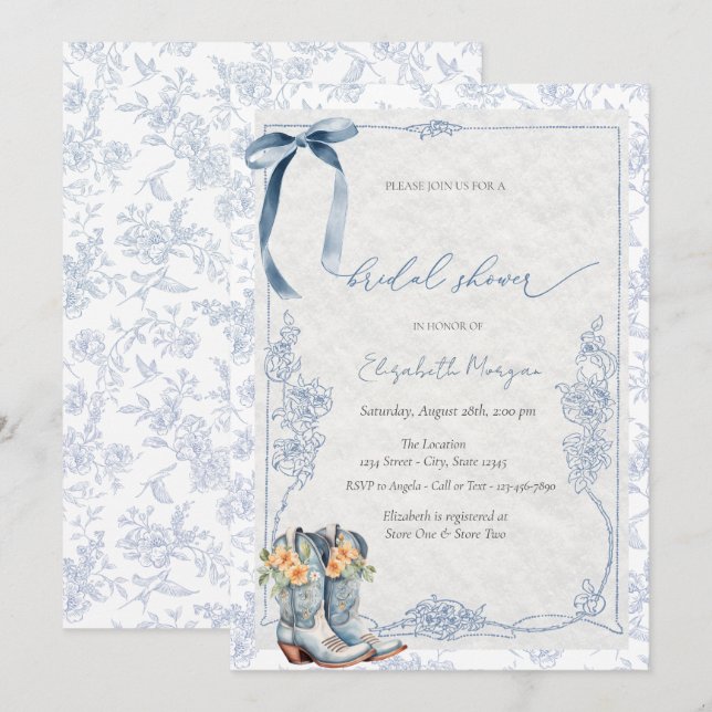 Something Blue Bow Cowboy Boots Floral Invitation (Front/Back)