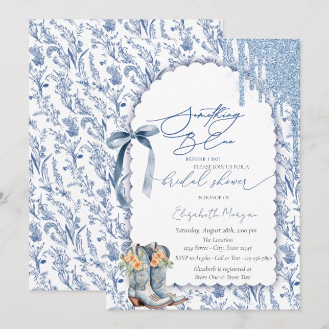 Something Blue Bow Drips Cowboy Boots Floral Invitation (Front/Back)
