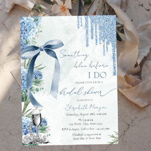 Something Blue Bow Glitter Drips Pearls Hydrangea Invitation