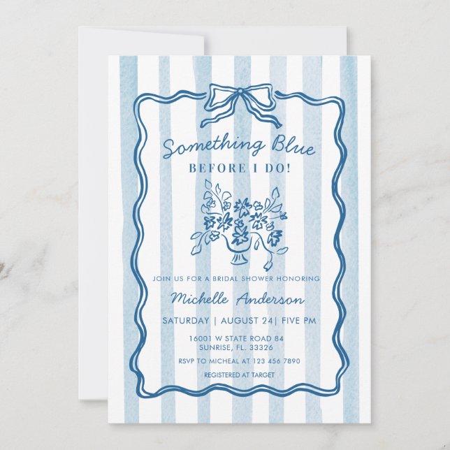 Something Blue Bow Stripe Bridal Shower Invitation (Front)