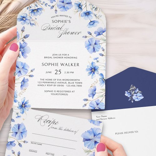 Something Blue Bridal Shower and Tear Away Recipe All In One Invitation