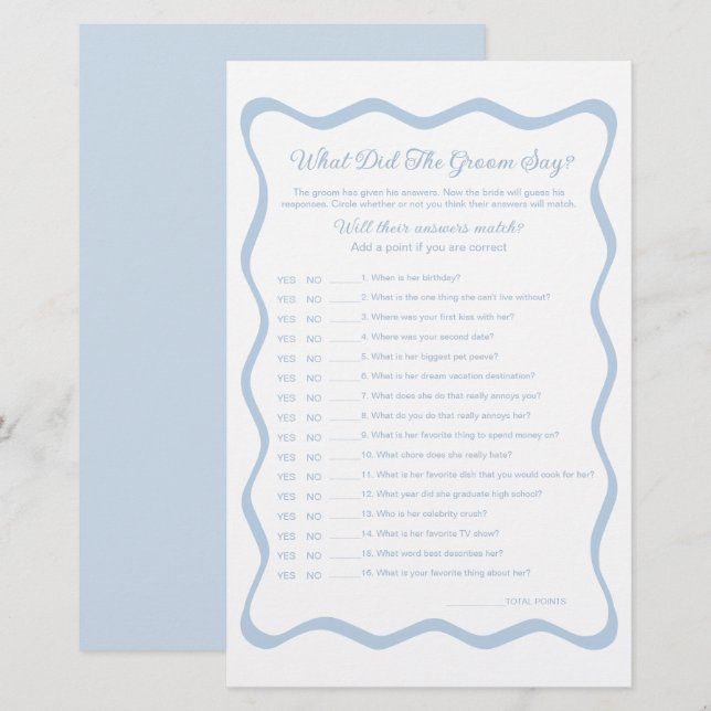 Something Blue Bridal Shower Game What Groom Say  (Front/Back)