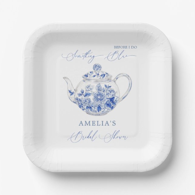 Something Blue Bridal Shower Toile Teapot Paper Plates (Front)