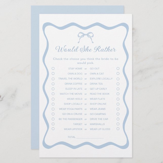 Something Blue Bridal Shower Would She Rather Game (Front/Back)