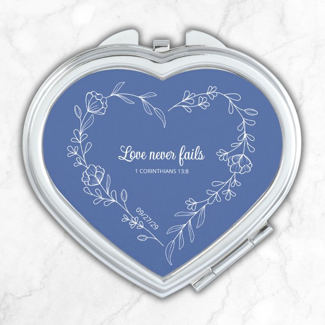 Something Blue Bride Gift Love Never Fails Heart Compact Mirror (Personalize with a wedding date for a keepsake for the bride.
)