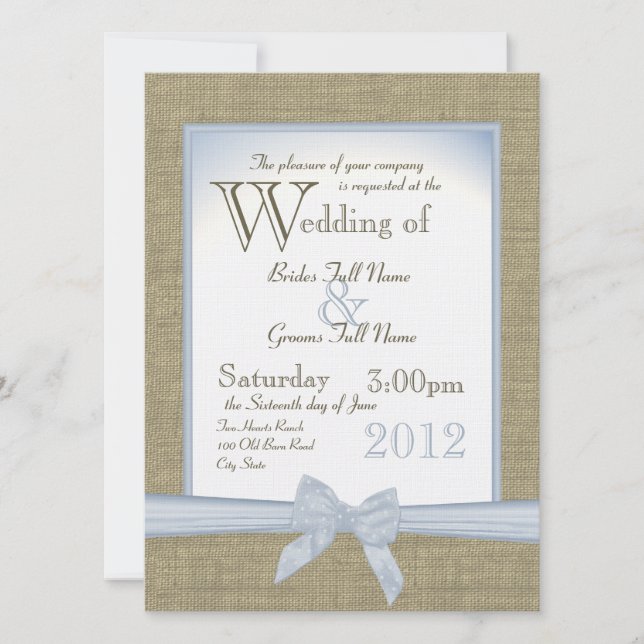 Something Blue Burlap and Bow Country Wedding Invitation (Front)