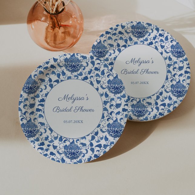 Something Blue Chinoiserie Print Wedding Shower Paper Plates (Something Blue Bridal Shower Party Chinoiserie print paper plates)