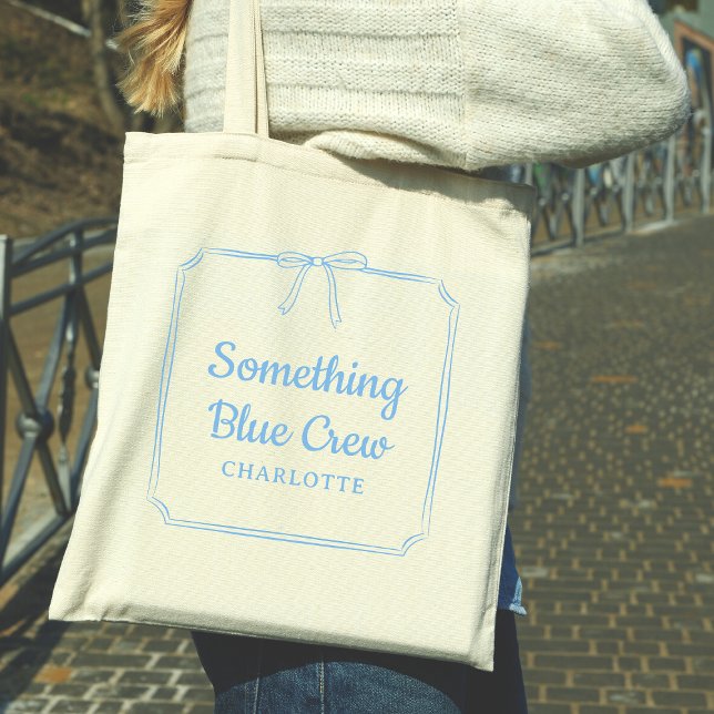 Something Blue Crew Elegant Bow Custom Name  Tote Bag (Trendy Customizable 'Something Blue Crew' Tote for Bridal Parties featuring chic coquette bow sketch)