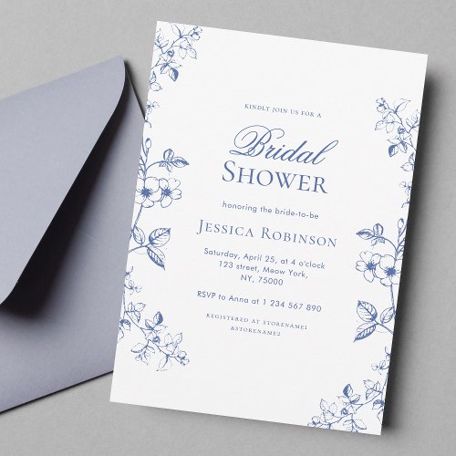 Something Blue Drawn Vintage Flowers Bridal Shower Invitation