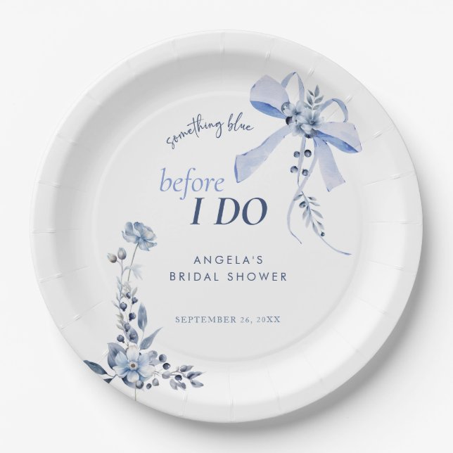 Something Blue Floral Bow Bridal Shower Paper Plates (Front)
