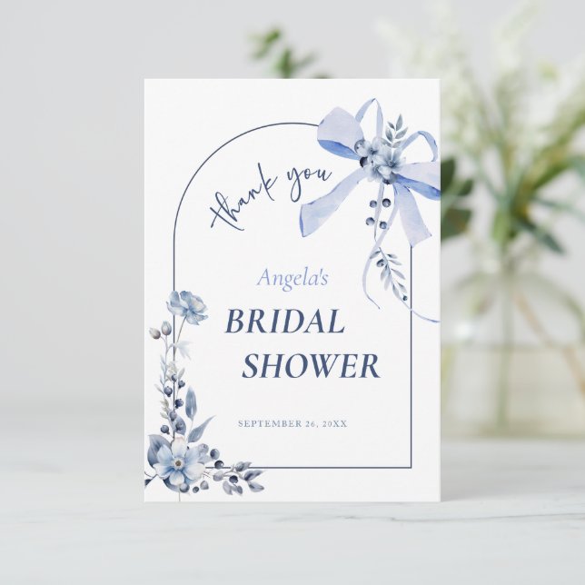 Something Blue Floral Bow Bridal Shower Thank You Card (Standing Front)