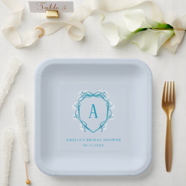 Something Blue Floral Crest Monogram Bridal Shower Paper Plates (Wedding)