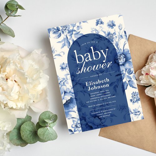 Something Blue Floral French Toile Baby Shower Invitation