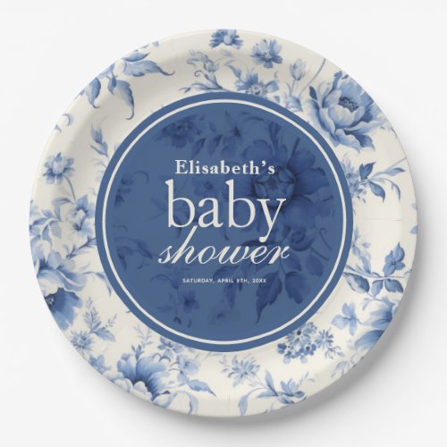 Something Blue Floral French Toile Baby Shower Paper Plates