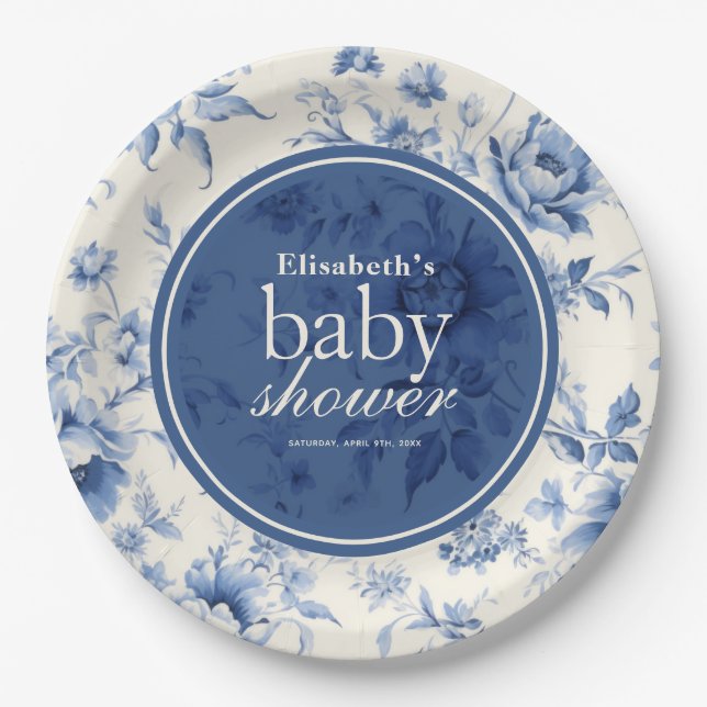 Something Blue Floral French Toile Baby Shower Paper Plates (Front)