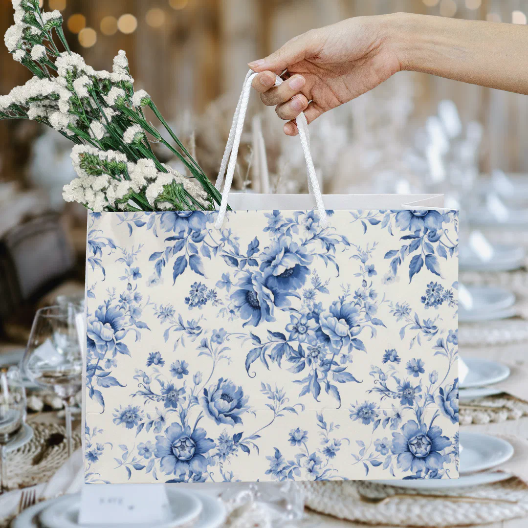 A large gift bag featuring a blue and white French toile floral print containing flowers being held in a dining setting.