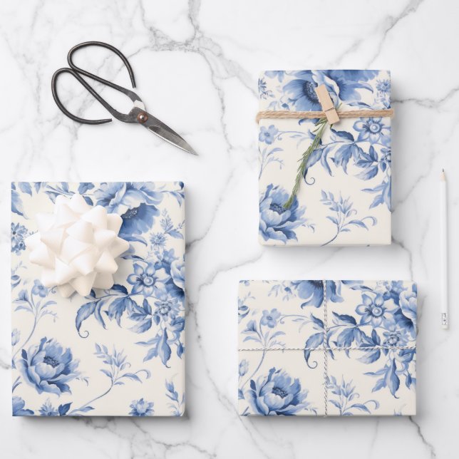 Something Blue Floral French Toile Chinoiserie Wrapping Paper Sheets (Front)