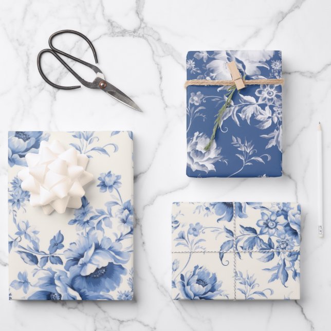 Something Blue Floral French Toile Chinoiserie Wrapping Paper Sheets (Front)
