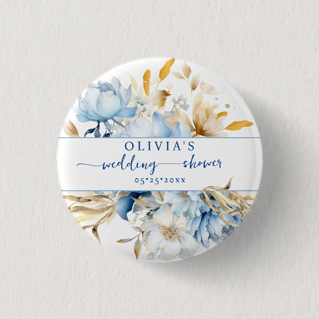 Something Blue Floral Gold Wedding Shower Button (Front)