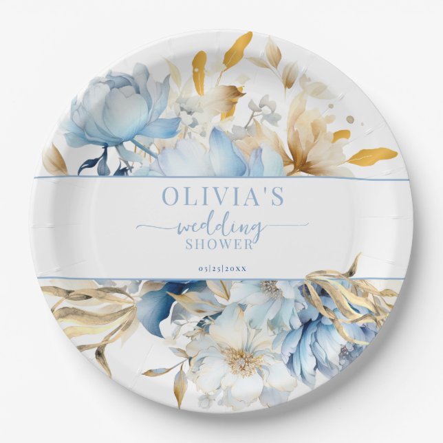 Something Blue Floral Gold Wedding Shower Paper Plates (Front)