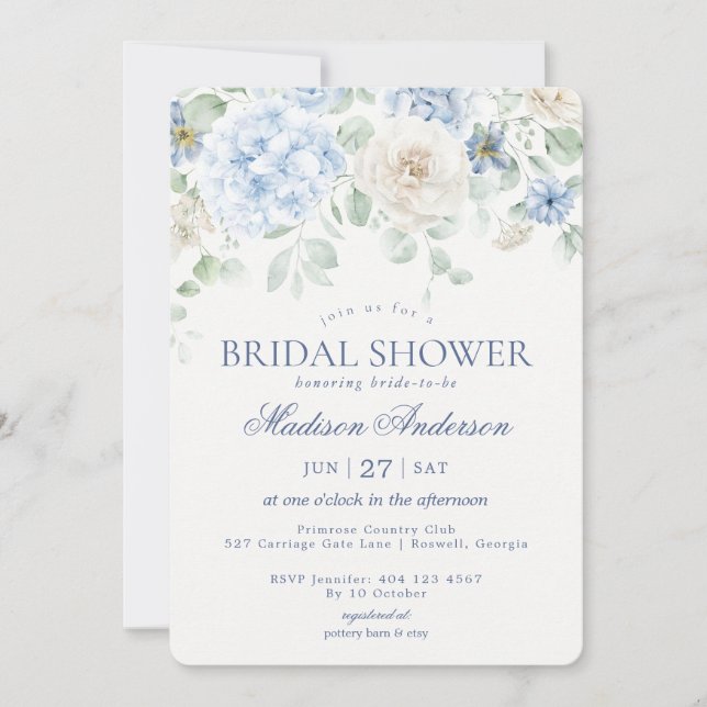 Something Blue Floral Hydrangea Bridal Shower Invitation (Front)