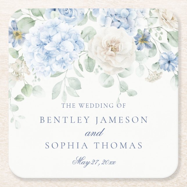 Something Blue Floral Hydrangea Decor Wedding Square Paper Coaster (Front)
