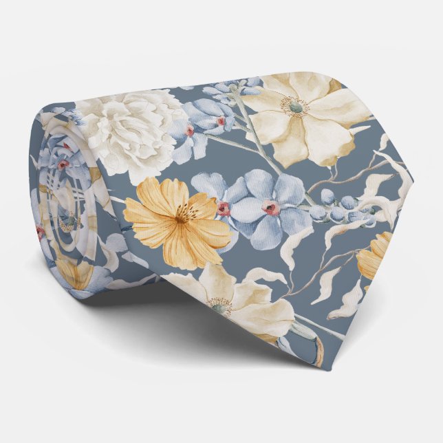 SOMETHING BLUE FLORAL PATTERN Wedding Neck Tie (Rolled)