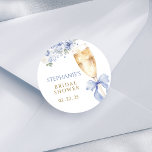 Something Blue Florals Bow Champagne Glass Classic Round Sticker<br><div class="desc">Add a stylish finish to your favors or envelopes with these elegant stickers featuring a golden champagne glass and dusty blue bow.</div>