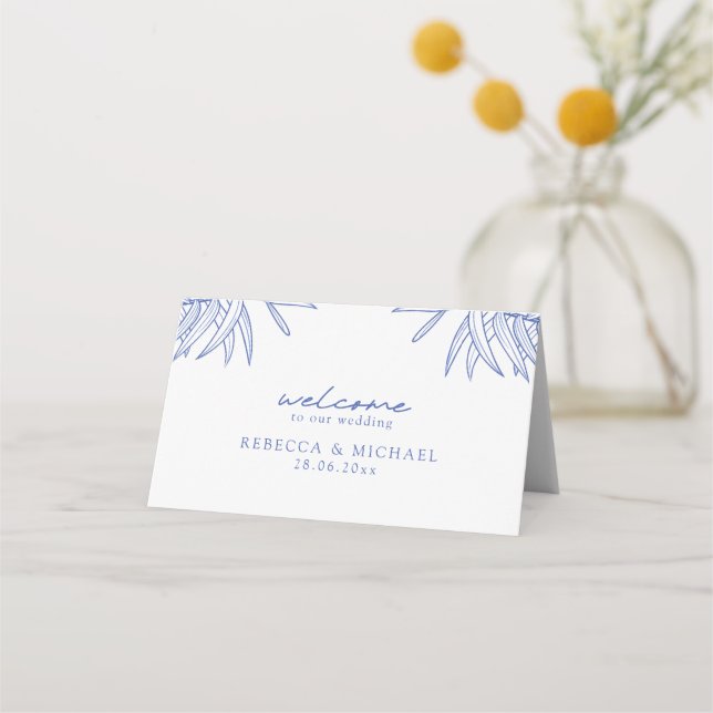 Something Blue Hand Drawn Simple Botanical Folded Place Card (Front)