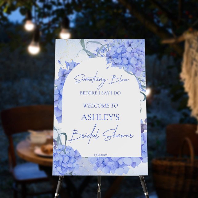 Something blue hydrangeas bridal shower welcome foam board (Something blue bridal shower welcome sign board blue elegant hydrangeas bridal shower entrance decor)