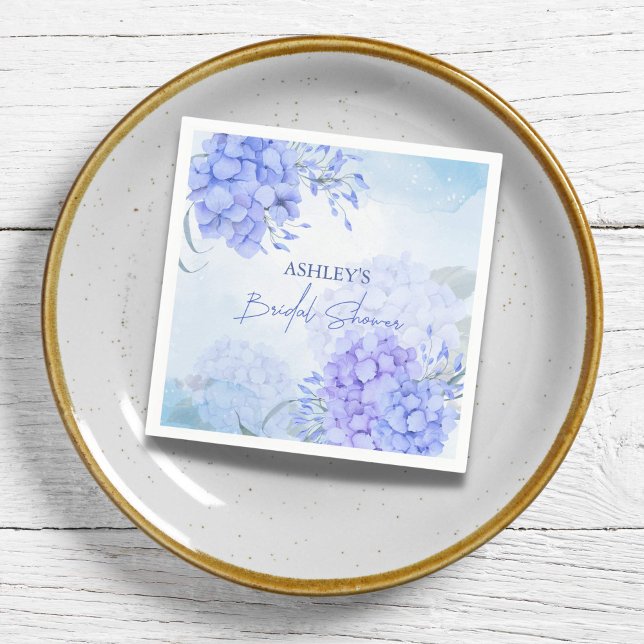 Something blue hydrangeas elegant bridal shower napkins (Something blue bridal shower personalized napkins blue watercolor hydrangeas floral napkins)