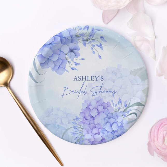 Something blue hydrangeas elegant bridal shower paper plates (Something blue before i do bridal shower blue hydrangeas personalized floral paper plates)