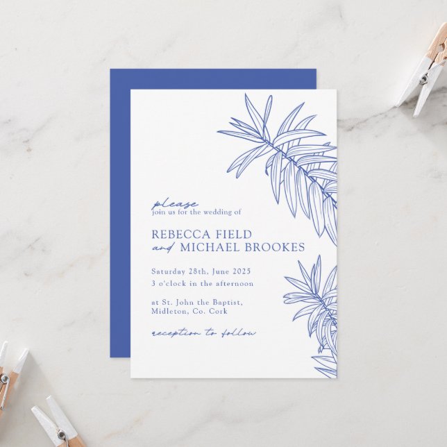 Something Blue Minimalist Botanical  Invitation (Front/Back In Situ)