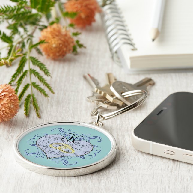 Something Blue Monogram Wedding Vow Heart Keychain (Side)