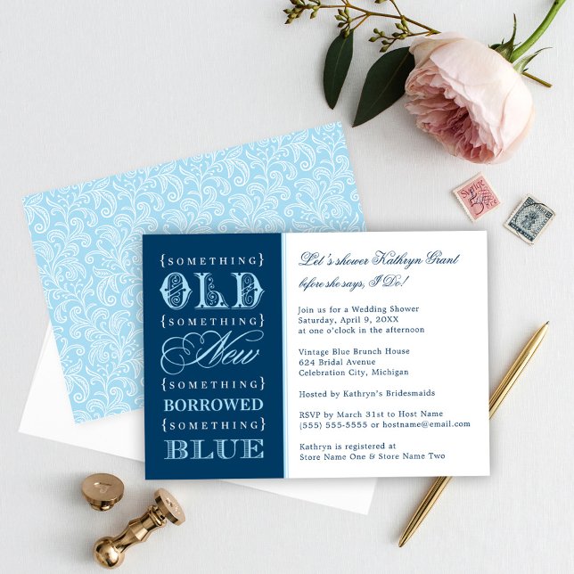 Something Blue Navy Vintage Type Wedding Shower Invitation (Creator Uploaded)